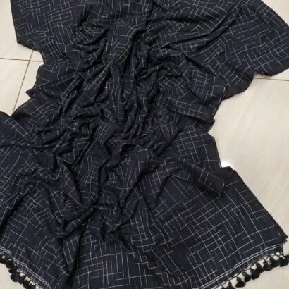 Charcoal Black Handwoven Ikat Bengal Cotton Saree with Checks Pattern and Tassels