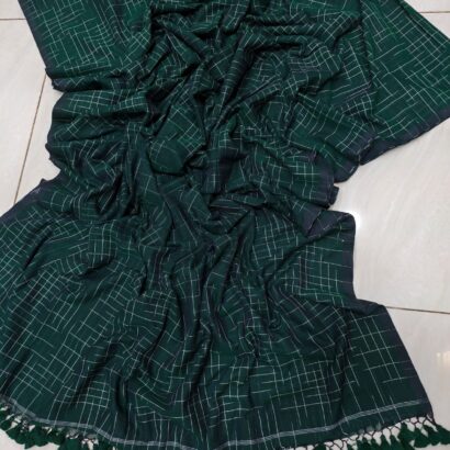 Bottle Green Handwoven Ikat Bengal Cotton Saree with Checks Pattern and Tassels