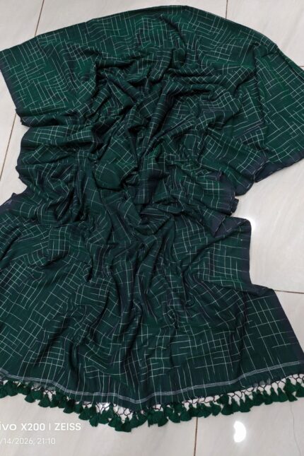 Bottle Green Handwoven Ikat Bengal Cotton Saree with Checks Pattern and Tassels