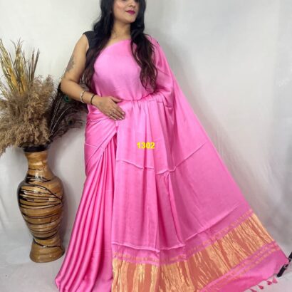 Pink Modal Silk Tissue Pallu Saree with Tassels