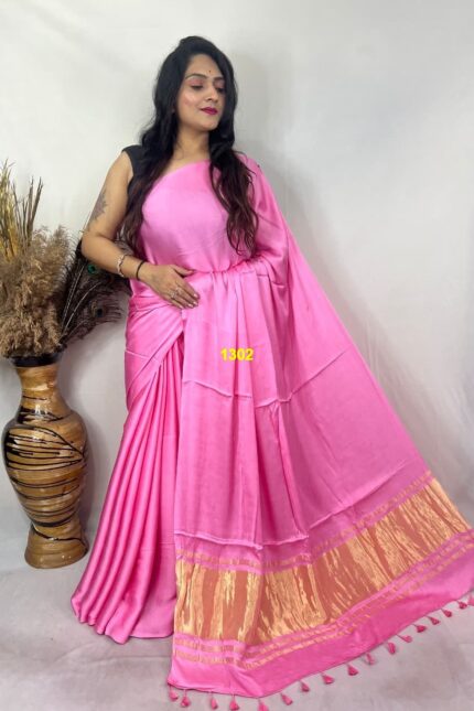 Pink Modal Silk Tissue Pallu Saree with Tassels