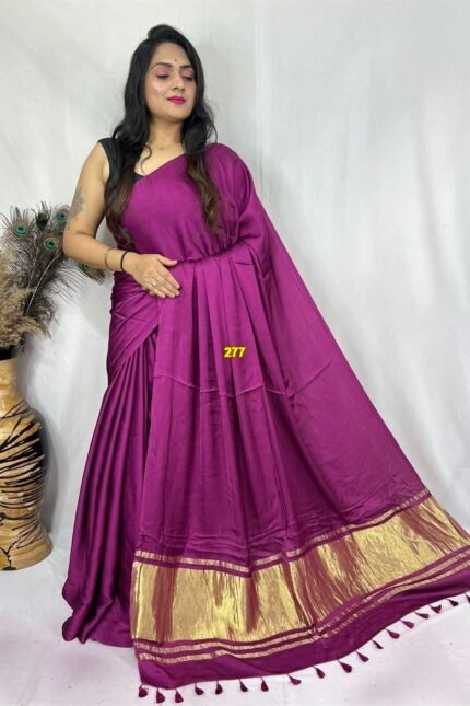 Wine Purple Modal Silk Tissue Pallu Saree with Tassels