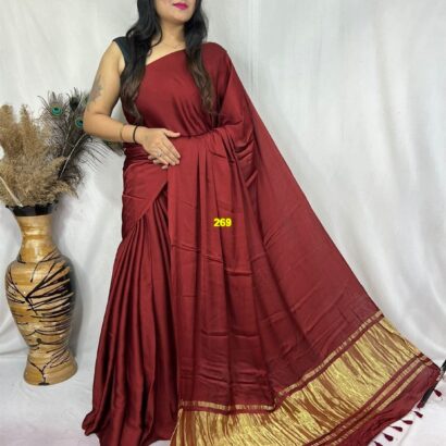 Maroon Modal Silk Tissue Pallu Saree with Tassels