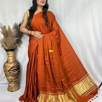 Rust Orange Modal Silk Tissue Pallu Saree with Tassels