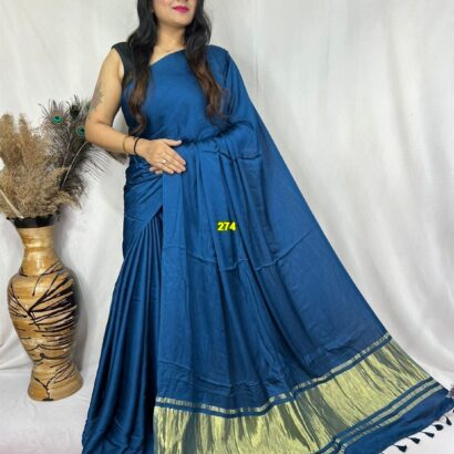 Teal Blue Modal Silk Tissue Pallu Saree with Tassels