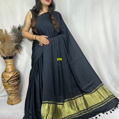 Black Modal Silk Tissue Pallu Saree with Tassels