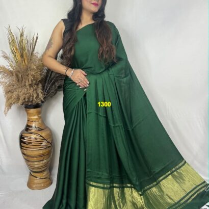 Bottle Green Modal Silk Tissue Pallu Saree with Tassels