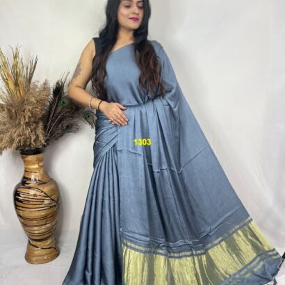 Steel Grey Modal Silk Tissue Pallu Saree with Tassels