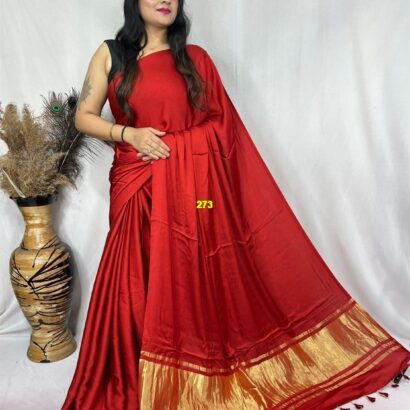 Bright Red Modal Silk Tissue Pallu Saree with Tassels