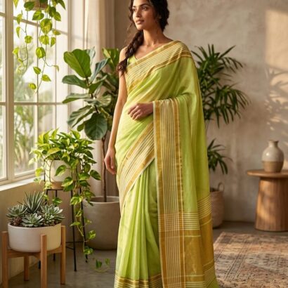 Lime Green Striped Bengal Handloom Cotton Saree with Mustard Gold Border