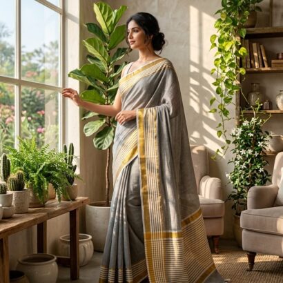 Ash Grey Striped Bengal Handloom Cotton Saree with Mustard Gold Border