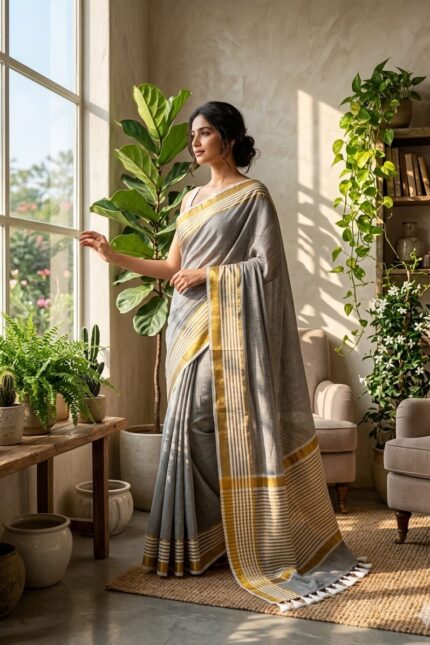 Ash Grey Striped Bengal Handloom Cotton Saree with Mustard Gold Border