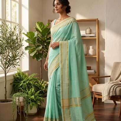 Mint Green Striped Bengal Handloom Cotton Saree with Gold Border