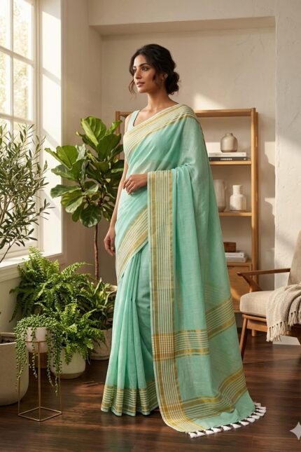 Mint Green Striped Bengal Handloom Cotton Saree with Gold Border