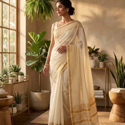 Cream Beige Striped Bengal Handloom Cotton Saree with Gold Border