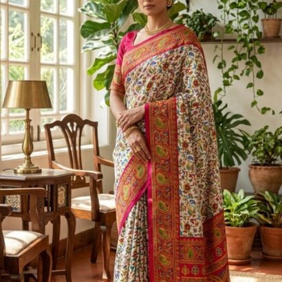 Soft Mul Cotton Kashmiri Kani Print Saree in Rani Pink & Cream with Contrast Border