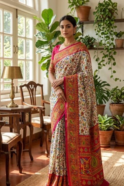 Soft Mul Cotton Kashmiri Kani Print Saree in Rani Pink & Cream with Contrast Border