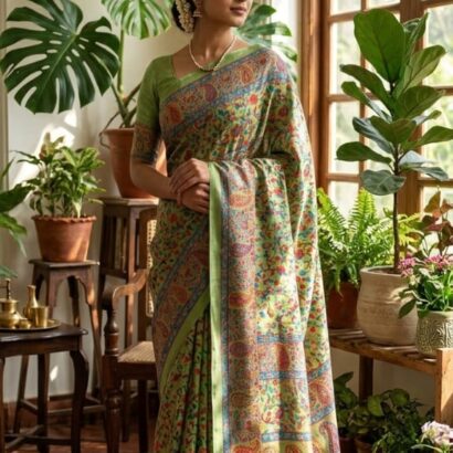 Soft Mul Cotton Kashmiri Kani Print Saree in Pista Green Multi Color with Contrast Border