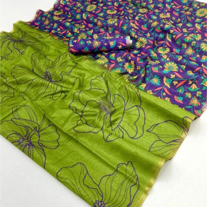 Purple Parrot Green Chanderi Cotton Saree with Zari Border Contrast Floral Pallu & Blouse Piece