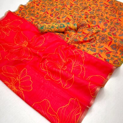 Mustard Yellow Pink Chanderi Cotton Saree with Zari Border Contrast Floral Pallu & Blouse Piece