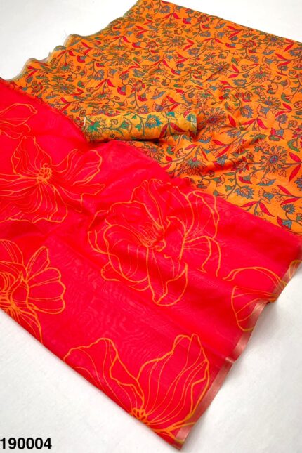 Mustard Yellow Pink Chanderi Cotton Saree with Zari Border Contrast Floral Pallu & Blouse Piece