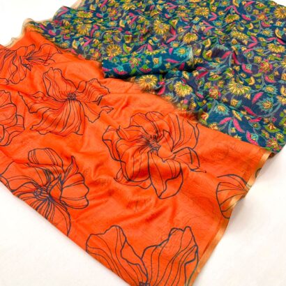 Teal Blue Orange Chanderi Cotton Saree with Zari Border Contrast Floral Pallu & Blouse Piece
