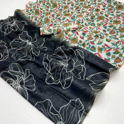 Black Off White Chanderi Cotton Saree with Zari Border Contrast Floral Pallu & Blouse Piece