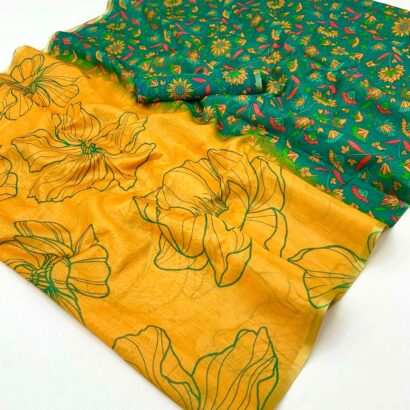 Yellow Green Chanderi Cotton Saree with Zari Border Contrast Floral Pallu & Blouse Piece