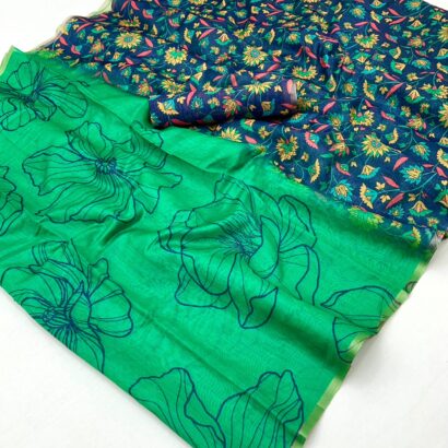 Emerald Green Teal Blue Chanderi Cotton Saree with Zari Border Contrast Floral Pallu & Blouse Piece