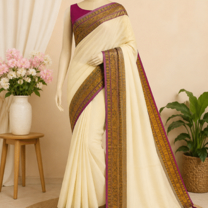 Pure Mul Cotton Saree with Rich Golden Zari Border and Magenta Purple Tassels in Elegant Kanchi Style Design