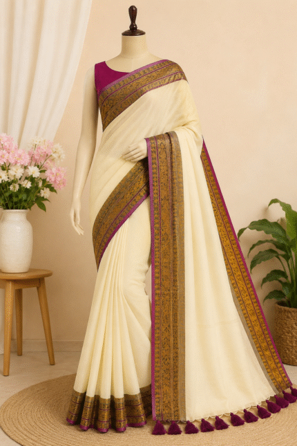 Pure Mul Cotton Saree with Rich Golden Zari Border and Magenta Purple Tassels in Elegant Kanchi Style Design