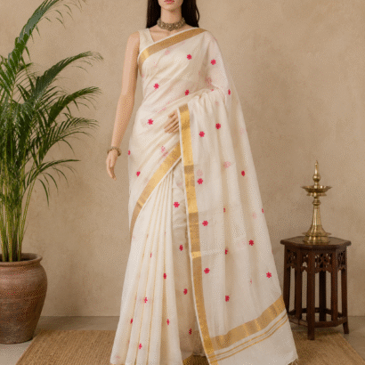 Pure Cotton Off White Saree with Golden Zari Border and Rani Pink Floral Embroidery Work
