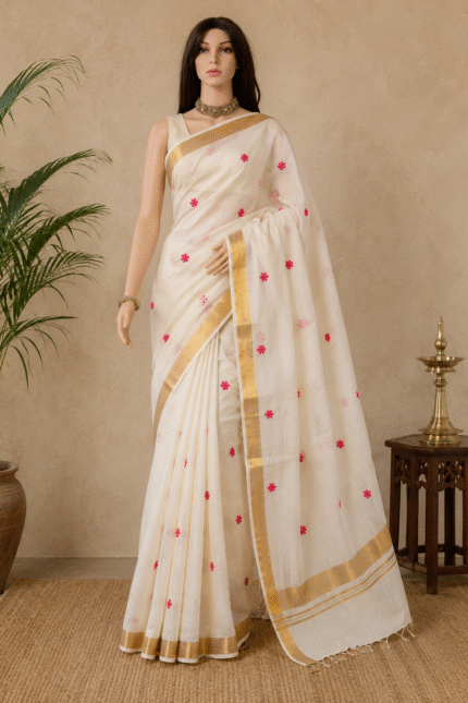 Pure Cotton Off White Saree with Golden Zari Border and Rani Pink Floral Embroidery Work