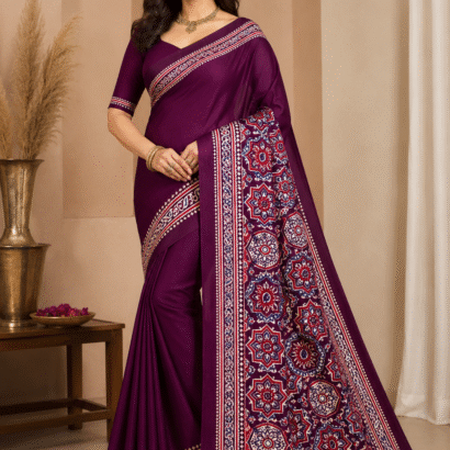 Wine Purple Ajrakh Modal Satin Silk Saree with Traditional Digital Print and Matching Blouse Piece