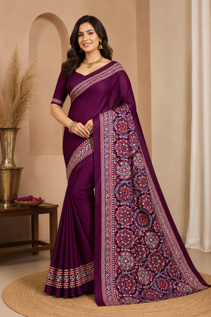 Wine Purple Ajrakh Modal Satin Silk Saree with Traditional Digital Print and Matching Blouse Piece