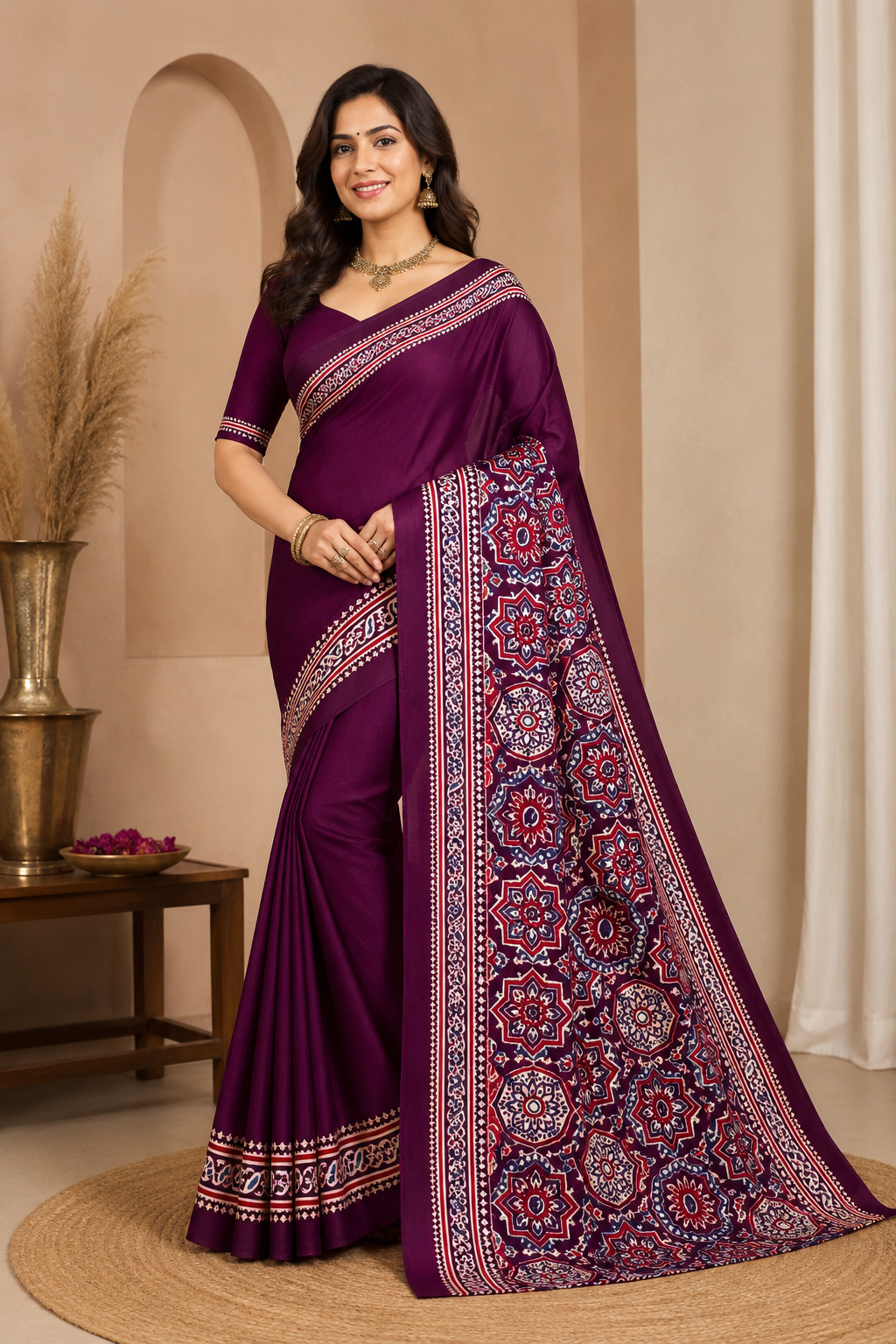 Wine Purple Ajrakh Modal Satin Silk Saree Wine Purple Ajrakh Modal Satin Silk Saree with Traditional Digital Print and Matching Blouse Piece