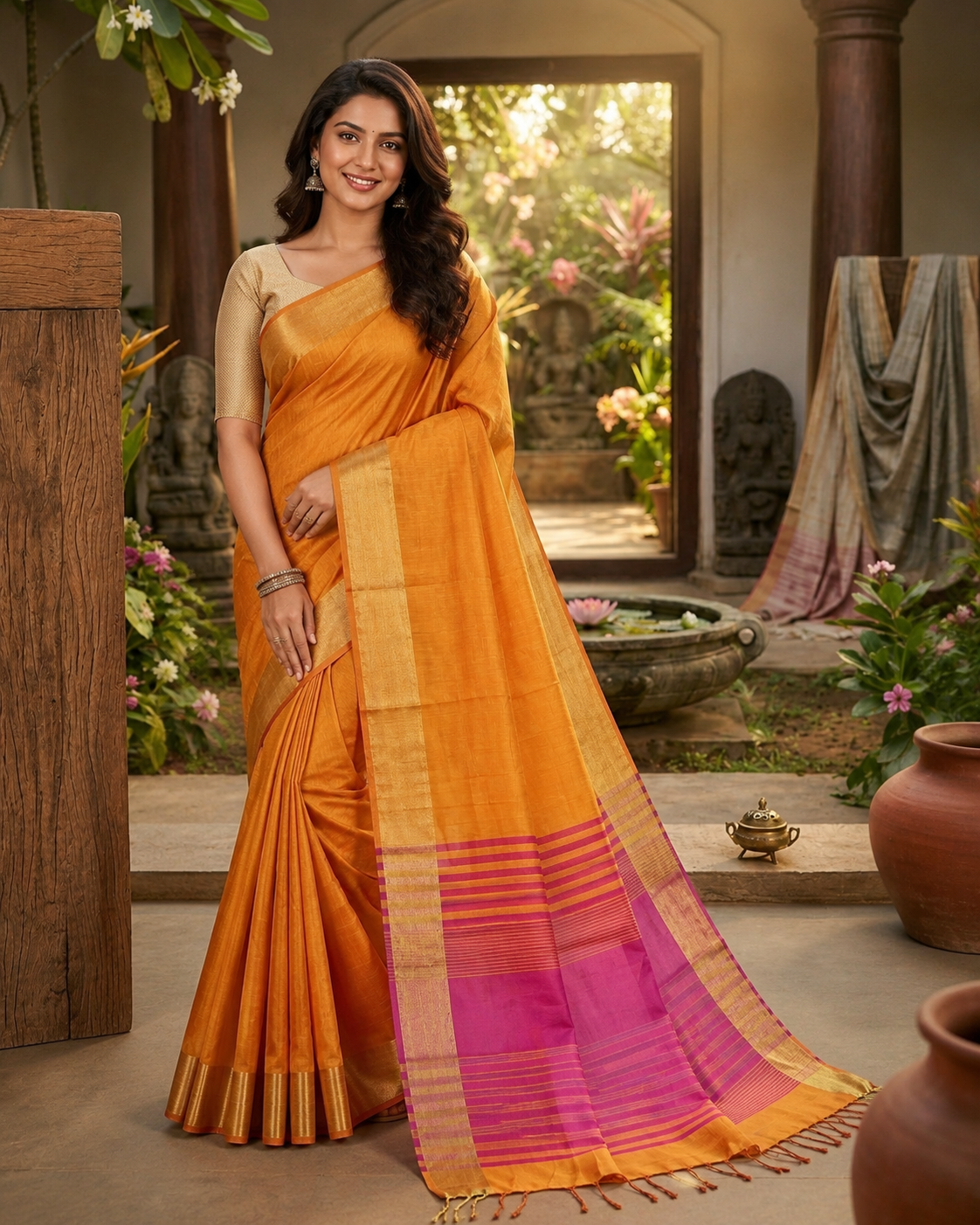 Mustard Yellow Pure Raw Silk Saree Mustard Yellow Pure Raw Silk Saree with Contrast Pallu, Royal Tassels and Rich Zari Woven Border