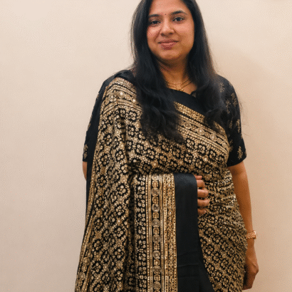 Ajrakh Crepe Silk Saree in Classic Black Gold with Aari Tari and Real Mirror Work Designer Festive Saree