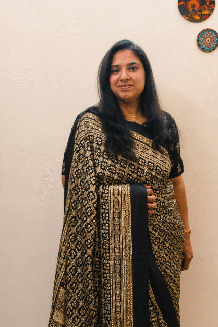Ajrakh Crepe Silk Saree in Classic Black Gold with Aari Tari and Real Mirror Work Designer Festive Saree