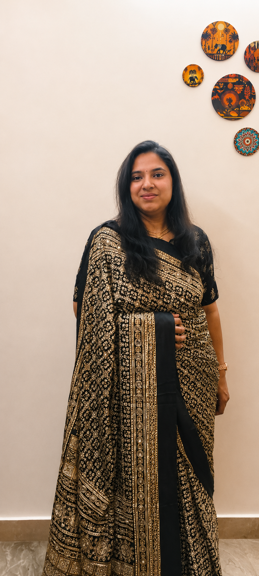 Black Ajrakh Crepe Silk Saree Ajrakh Crepe Silk Saree in Classic Black Gold with Aari Tari and Real Mirror Work Designer Festive Saree