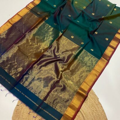 Bottle Green Maheshwari Lotus Butta Saree in soft handloom cotton silk with elegant zari border and traditional weaving design