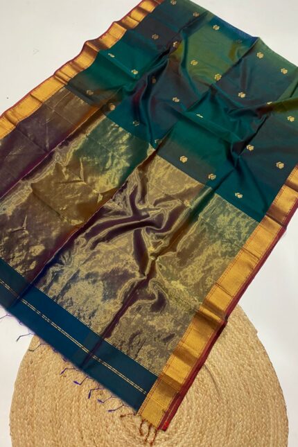Bottle Green Maheshwari Lotus Butta Saree in soft handloom cotton silk with elegant zari border and traditional weaving design