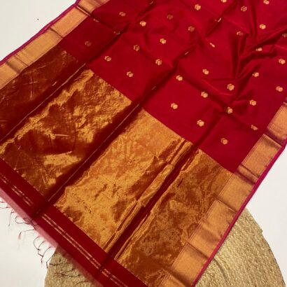 Bright Red Maheshwari Lotus Butta Saree in soft handloom cotton silk with elegant zari border and traditional weaving design