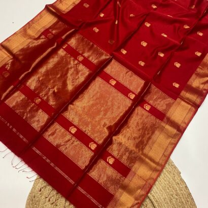Cherry Red Maheshwari Lotus Butta Saree in soft handloom cotton silk with elegant zari border and traditional weaving design