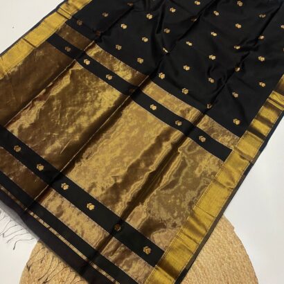 Classic Black Maheshwari Lotus Butta Saree in soft handloom cotton silk with elegant zari border and traditional weaving design