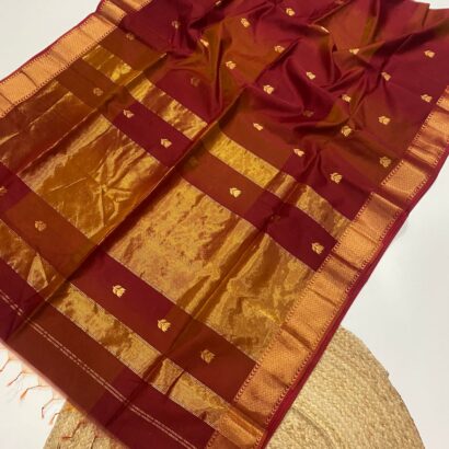 Copper Brown Maheshwari Lotus Butta Saree in soft handloom cotton silk with elegant zari border and traditional weaving design