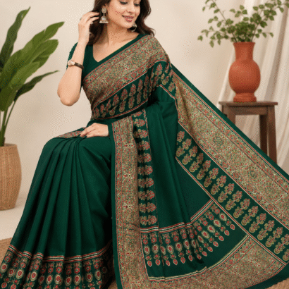 Ajrakh Satin Crepe Saree with traditional printed border and matching blouse piece