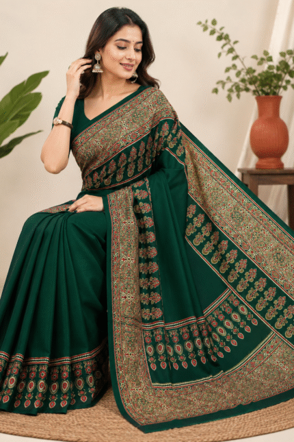 Ajrakh Satin Crepe Saree with traditional printed border and matching blouse piece