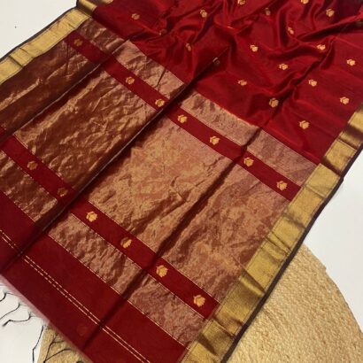 Dark Maroon Maheshwari Lotus Butta Saree in soft handloom cotton silk with elegant zari border and traditional weaving design