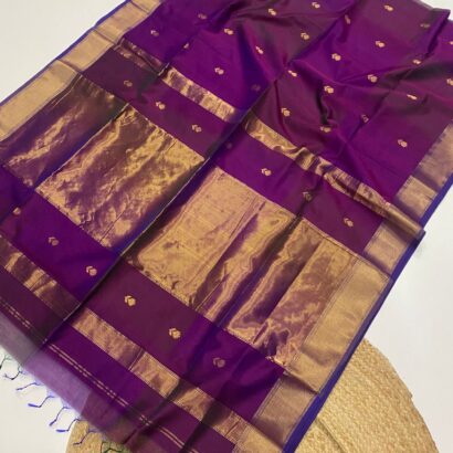 Deep Purple Maheshwari Lotus Butta Saree in soft handloom cotton silk with elegant zari border and traditional weaving design